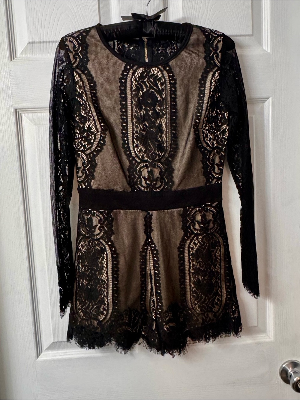 privy Black Lace Overlay Nude-Underlay Long-Sleeve Romper